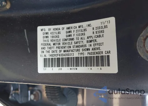 2014 Honda Accord Ex-L из США, поврежденный, VIN 1HGCR2F80EA095013